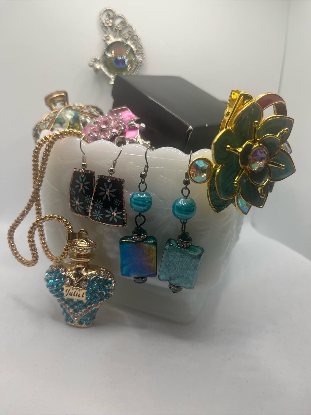 Betsey Johnson Blue and Turquoise Floral Clip Earrings and Bracelet Set